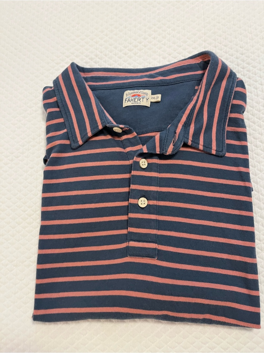 Faherty Navy and Coral Striped Cotton Polo
